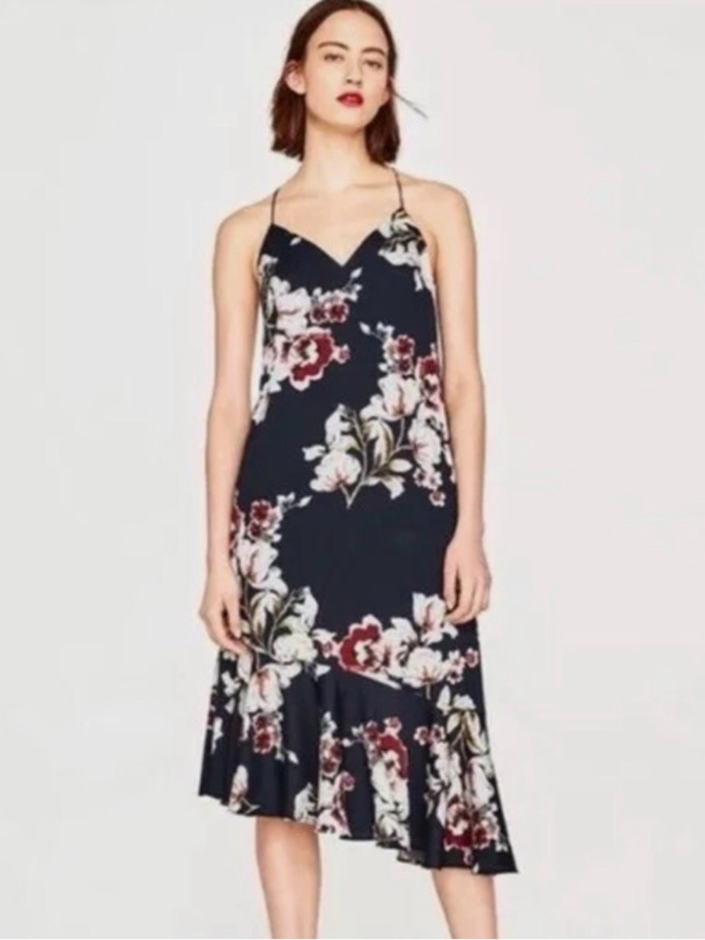 Zara Navy Floral Asymmetrical Slip Dress